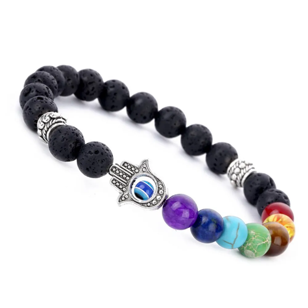 Con cuentas, hebras Mano de Fátima Hamsa Pulsera Mala Black Lava Stone Pulseras de amuleto para hombres mujeres