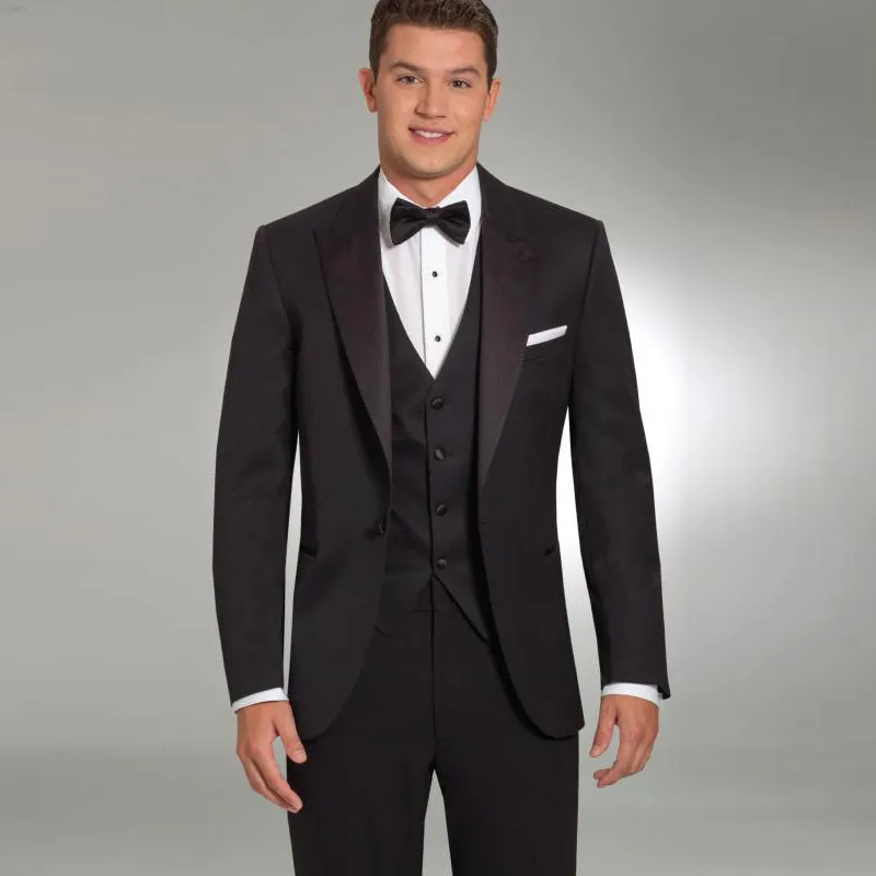 Klas Siyah Mens Suits Slim Fit Groomsmen Düğün Smokin Doruğa Yaka Damat Suit Bir Düğme Iş Resmi Blazers Ceket Pantolon Ile Yelek