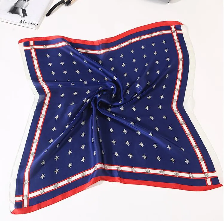 Women Bandanas Multifunction Silk Scarf Satin Bee Print Small Square Shawls Handle Bag Ribbon Ladies Office Foulard Neckerchief