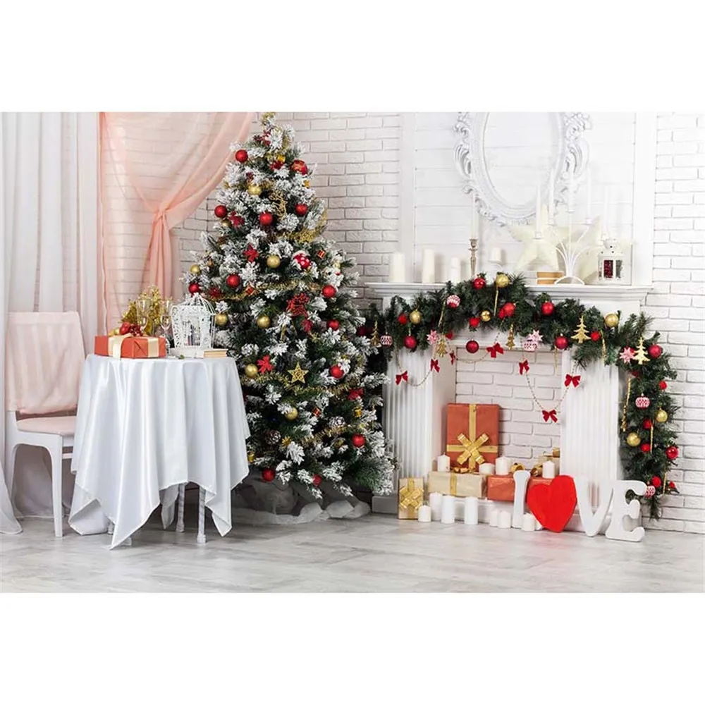 Toile de fond de photographie d'arbre de Noël de mur de brique blanche main image 1