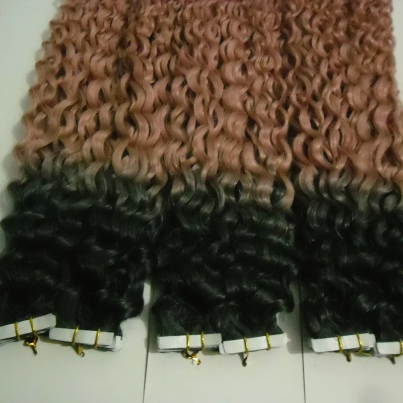 Ombre Tape In Human Hair Extensions Brazilian kinky curly Hair /pack extensiones cabello natural adhesivas 300g #1B/27
