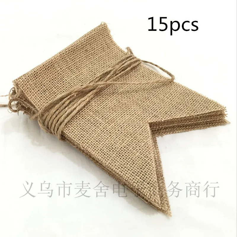 15PCS Burlap Флаг Баннер, Сельский льняной Бантинг, Природные гессенские Гирлянды для свадьбы украшения партии