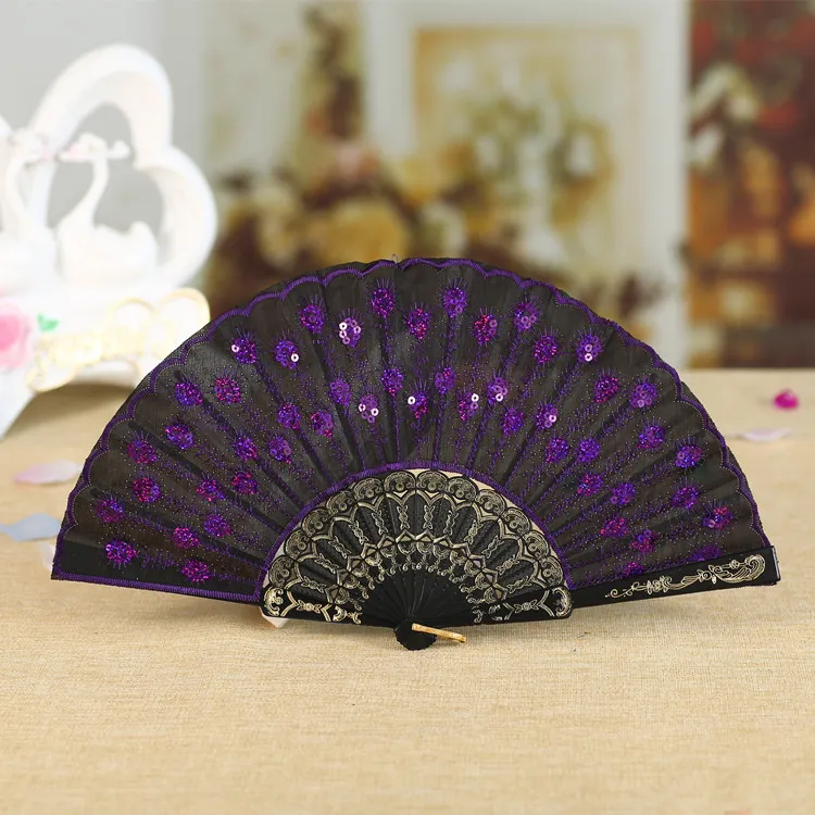 Broderade Sequins Hand Lace Flower Folding Fan Dancing Wedding Party Decoration Partihandel