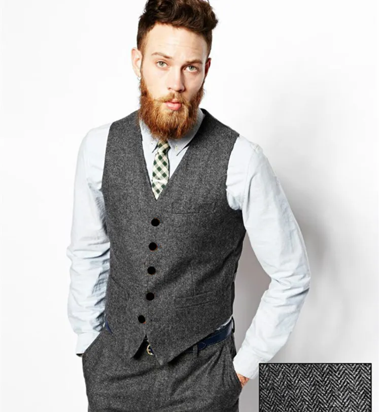 2019 Vintage Gray Tweed Groom Wear Wool Herringbone Groom Vests Pockets Mens Suit Vests Mens