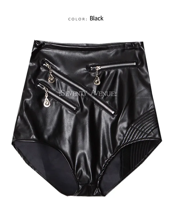 Kvinnors nya sexiga mode hög midja pu läder blixtlås lapptäcke bodycon tunic club dansprestanda shorts plus size smlxl