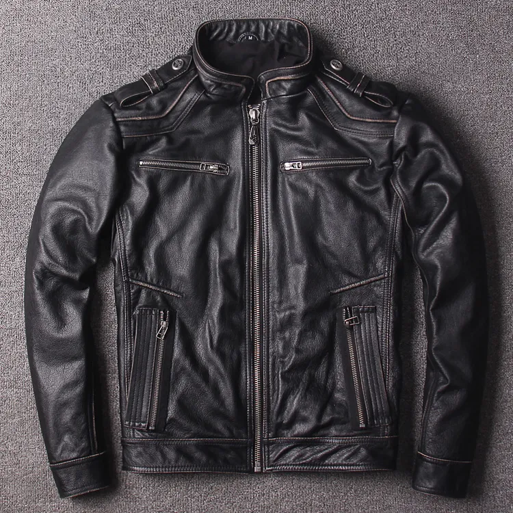 Black Men Vintage Genuine Leather Jacket Steel Stamped Cross