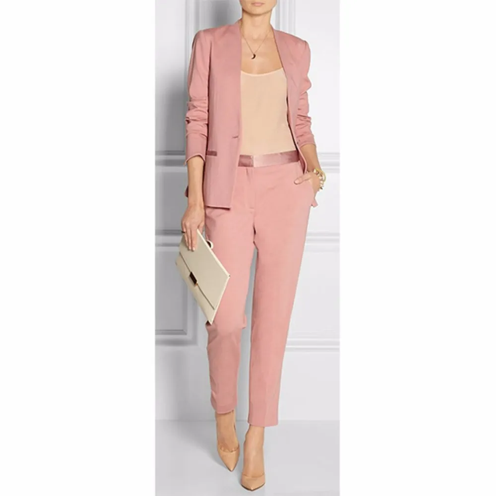 Lente zomer roze vrouwen zakelijke pakken blazer met broek vrouwelijke broek pak dames kantoor uniform 2 stuk set W56