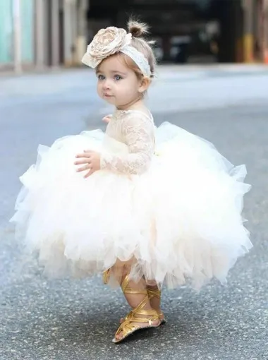 Śliczne maluch puchowy suknia balowa sukienki z dziewczyną koronkową top stanik długi rękaw Tiul titu tutu pierwsza komunia sukienki MC3010