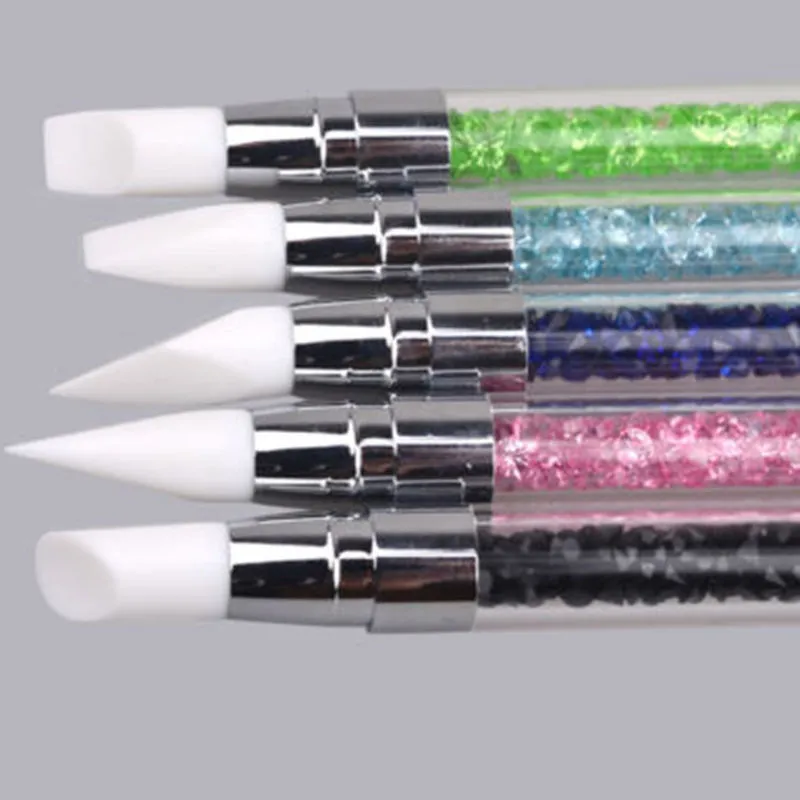 Crystal Rhinestone Decor Handle Pen 2 Way Silicone Head Carving Emboss Shaping Skulptur Nail Art Manicure Dotting Tools