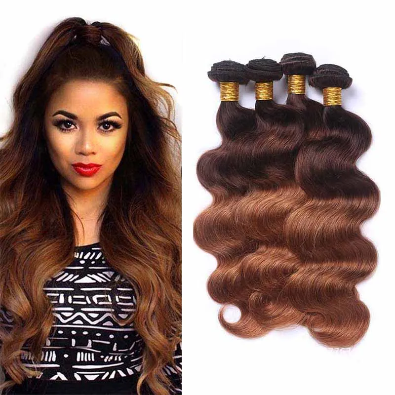 Ombre Braziliaanse Human Hair Extensions Twee Tone 4/30 # Donkerbruin Blonde Gekleurde Peruviaanse Maleisische Body Wave Hair Weave 4 Bundels