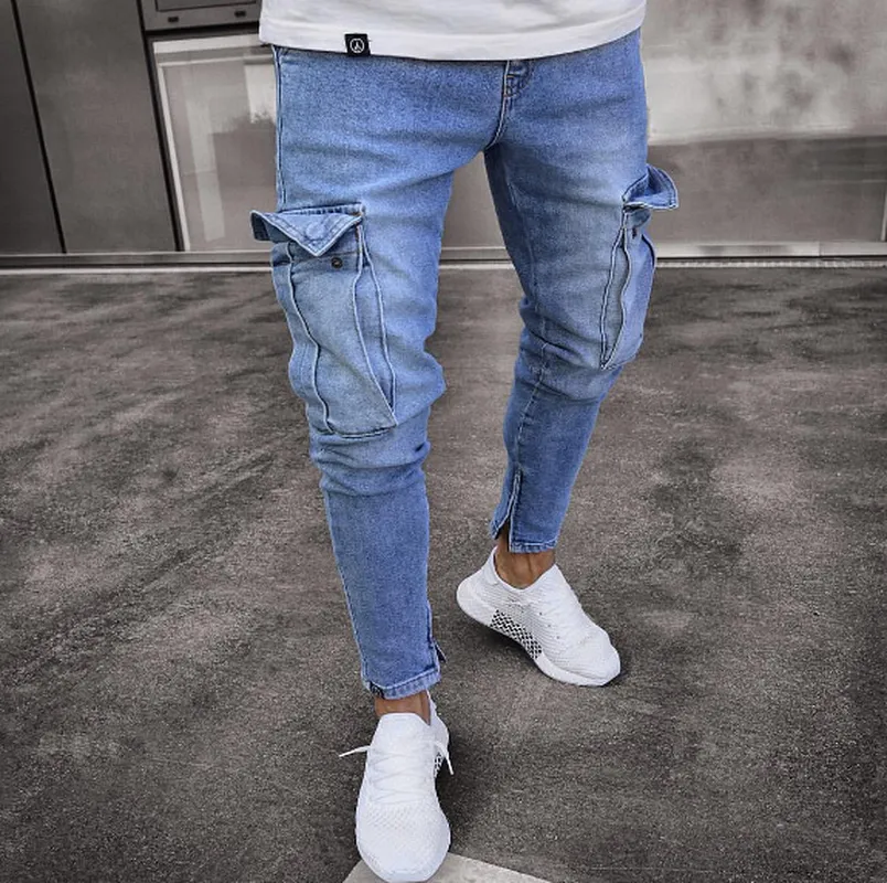 Cal￧a de jeans de jeans cal￧as de carga de v￡rios bolsos de l￡pis com z￭per reto de jeans de jeans de jeans