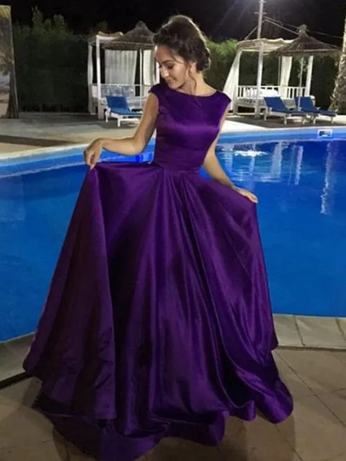 Vintage Lila A-Linie Ballkleider für Frauen Mädchen Jewel Neck Satin A-Linie Einfache Designer Günstige Pageant Abendkleider Kleid nach Maß