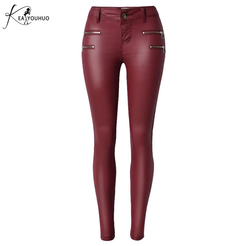 Damskie Faux Skórzane Spodnie Wysokiej Talii Trzy Buons Slim Elastyczność Moda Czerwony Lederhosen Dla Kobiety Pantalon Femme Skinny Dżinsy