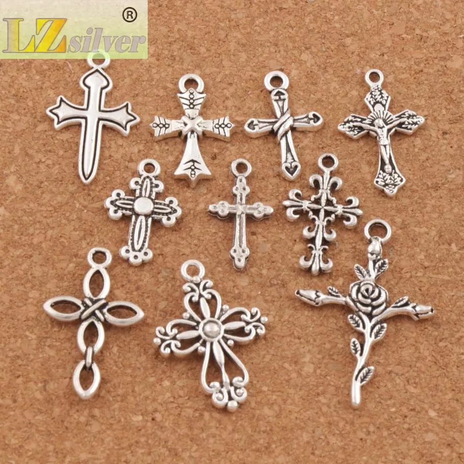 Cute Flower Design Cross Charm Beads 10Styles Mic Tibetan Silver Pendants Jewelry DIY Findings Components LM45