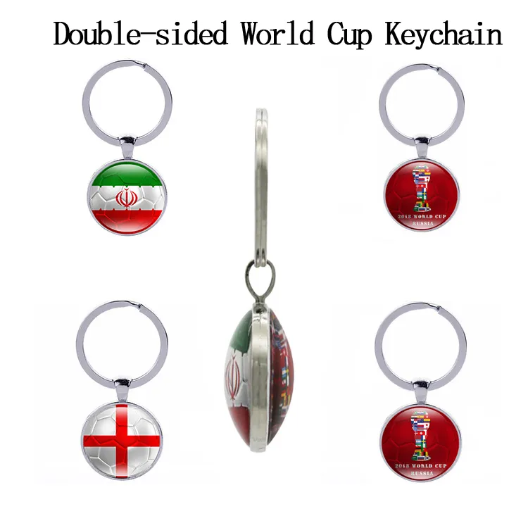 VM-dubbelsidig fotboll nyckelringar Land flaggor Glas Cabochon Fotboll Fläktar Souvenir Bil Keyhållare Väska Tillbehör Nyckelring