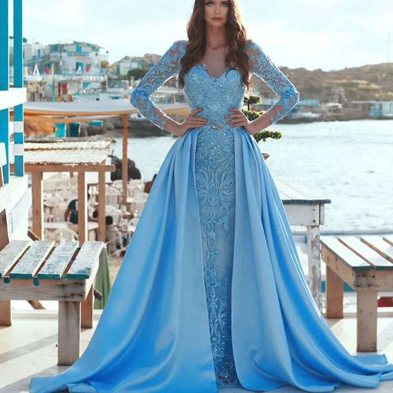 2018 Light Blue Vestido Com overskirt Beads Lace Applique manga comprida Sereia Prom Dresses Glamorous Arábia Saudita vestidos de noite