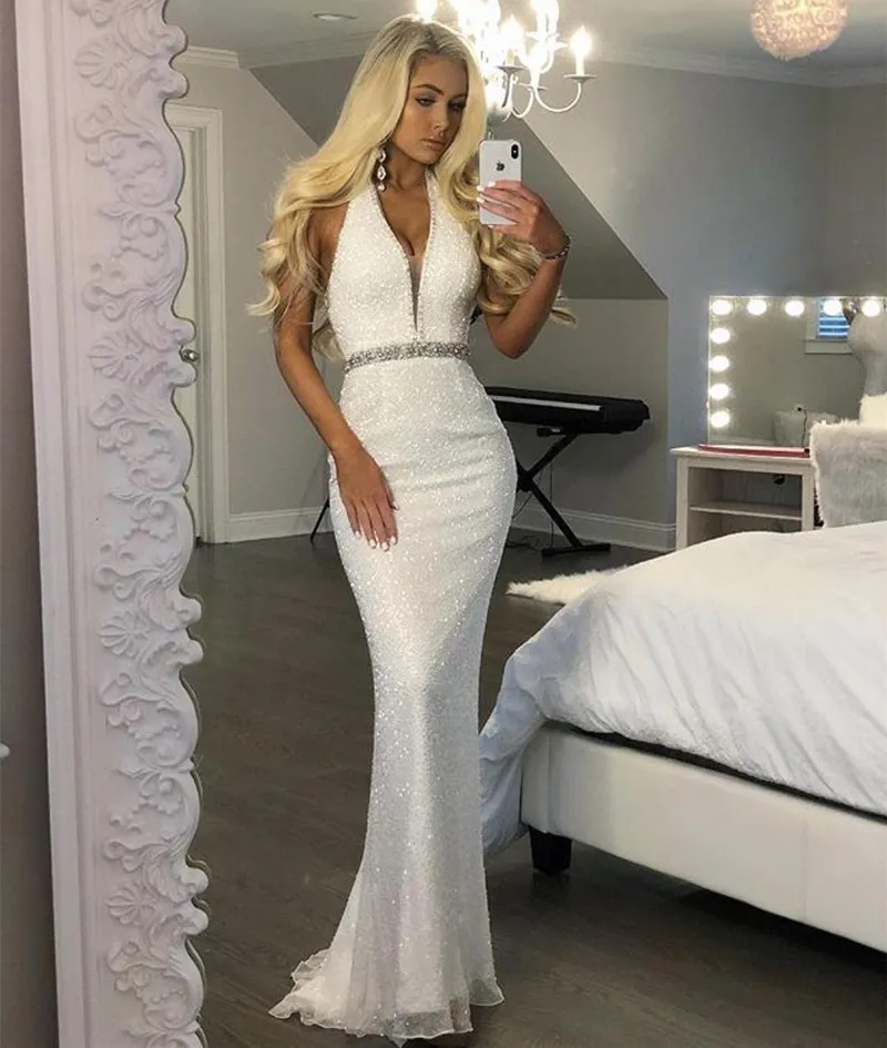 Shining Witte Lovertjes Prom Dresses Sheer Pluming Neck Beaded Party Avondjurk Vloerlengte Vestidos de Fiesta Plus Size Formele Toga