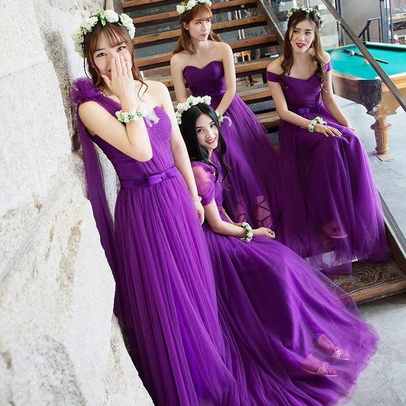 Fioletowy Długi Tulle Druhna Dress New Wedding Guest Dresses Lace Up Party Dress Długość podłogi 4 Styl