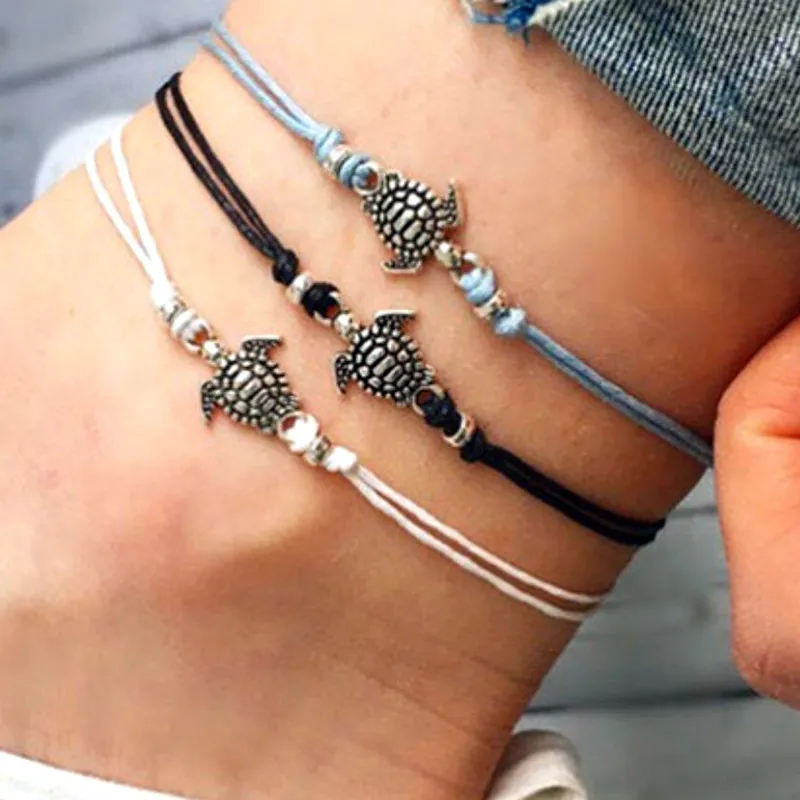 Chique vintage meerdere lagen enkelsten voor vrouwen voet sieraden bohemien zilver kleur schildpad anklet schattige touw ketting armband