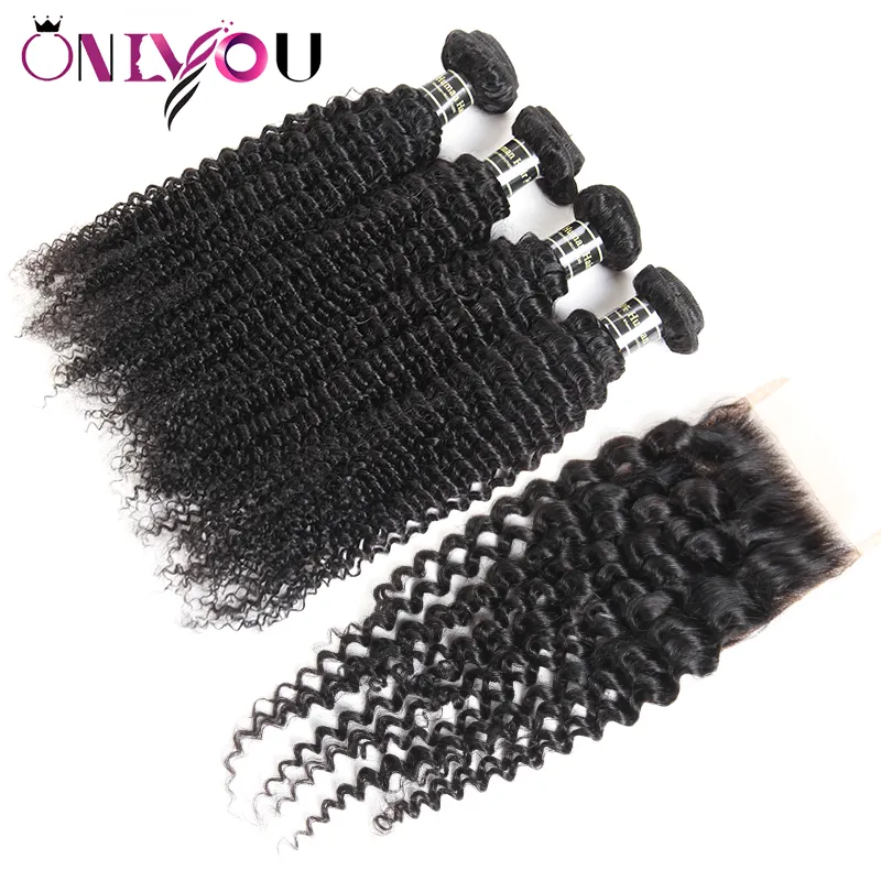 Brésilien Vierge 4 Bundles Droite Corps Vague Profonde Crépus Bouclés Armure de Cheveux Humains 4 Bundles avec Fermeture 13x4 Dentelle Frontale Oreille à Oreille