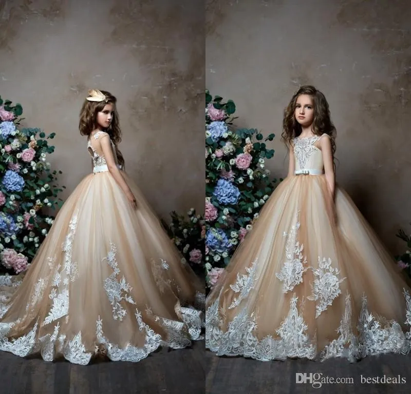 Champagne Lace Flower Girl Dress, Sleeveless Princess Ball Gown With Jewel  Neck, Applique Embellishments, Tulle Fabric, Sweep Train Floor Length Dress  For Weddings From Bestdressing, $138.32 | DHgate.Com