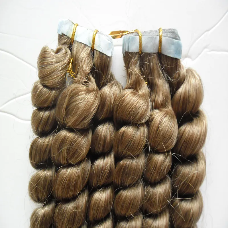 Light Brown Remy Tape Hair Extensions loose wave Skin Weft Human Hair Machine Made Remy 16" 18" 20" 22" 24" Adhesive Seamless Hair