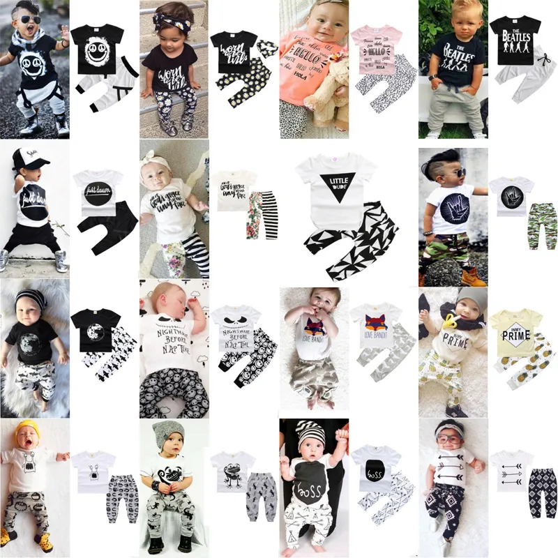 2021 Boys Girls Floral Print Infant Clothes Set 32 styles INS Baby Suits T shirt with Pant 2PC children Short Sleeve Outfits Clothing Sets