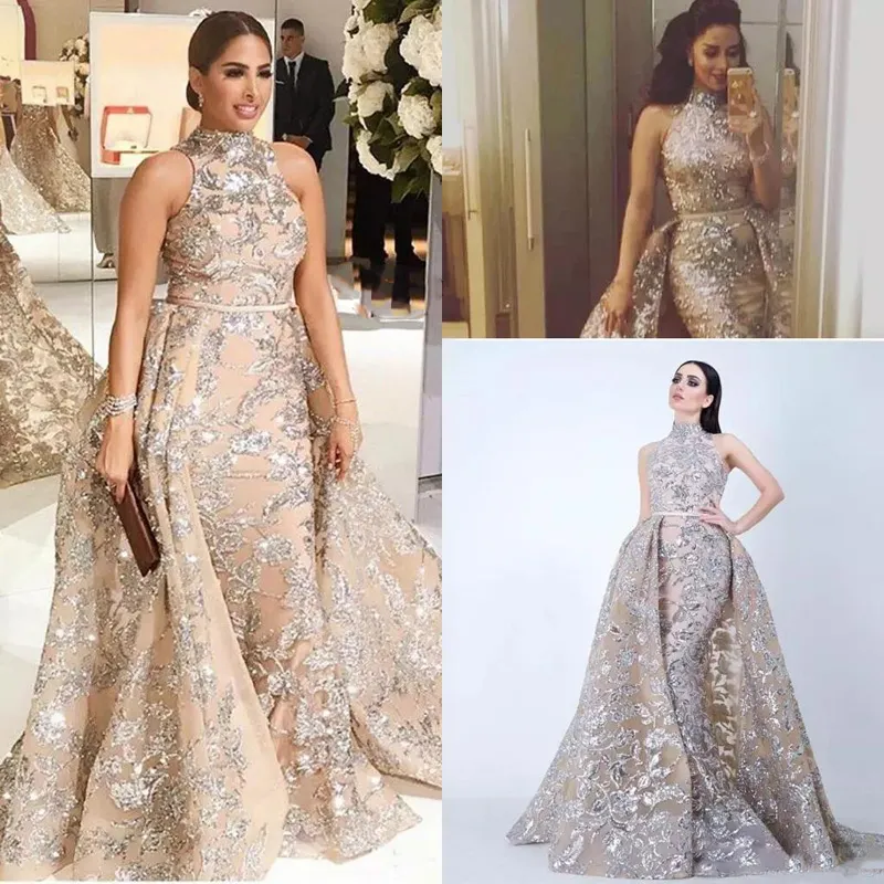 Dubai Shining Prom Dresses Saudi Arabia Sequined Appliques Mermaid Evening Gowns With Overskits Sweep Train Bridal Vestidos Custom Made