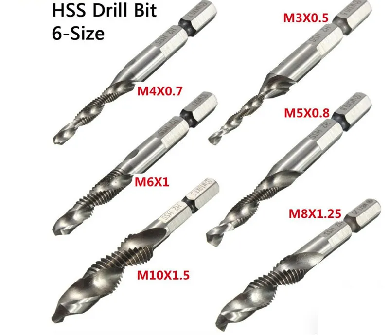 Freeshipping DrillPro 6 sztuk / partia Wiertła ręczna Hex Shank HSS Śruba Spiralna Punkt Spirali Gwint Wtyczki Metryczne Wiertła M3 M4 M5 M8 M10 Narzędzia ręczne