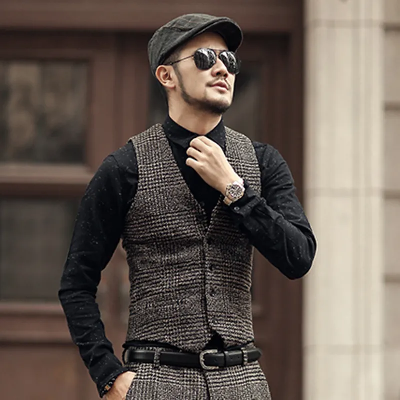 2018 novo inverno chegada fina lã casual xadrez de estilo europeu colete dos homens de design de moda moda terno colete colete homens