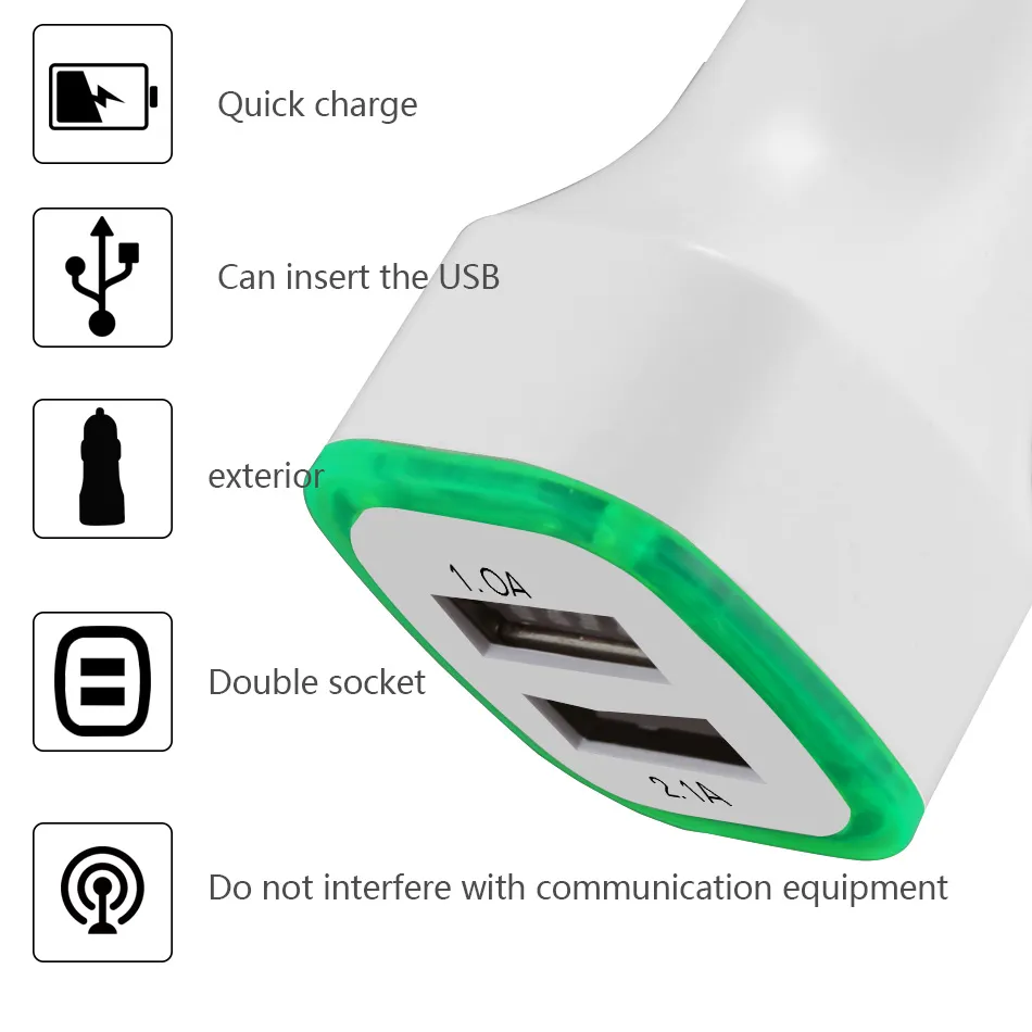 Skylet LED -dubbla portar Billaddare 5V 2.1A Power Adapter Fordon Portable USB Car Charger Adapter för Samsung iPhone Huawei Universal -telefoner i OPP Bag