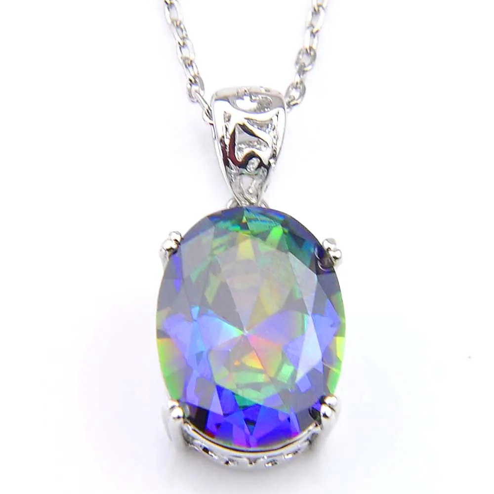 Großhandel luckyshine neue 12 * 16mm valentine oval mehrfarbige mystic topaz edelsteine ​​925 sterling silber halsketten hochzeit anhänger braut schmuck