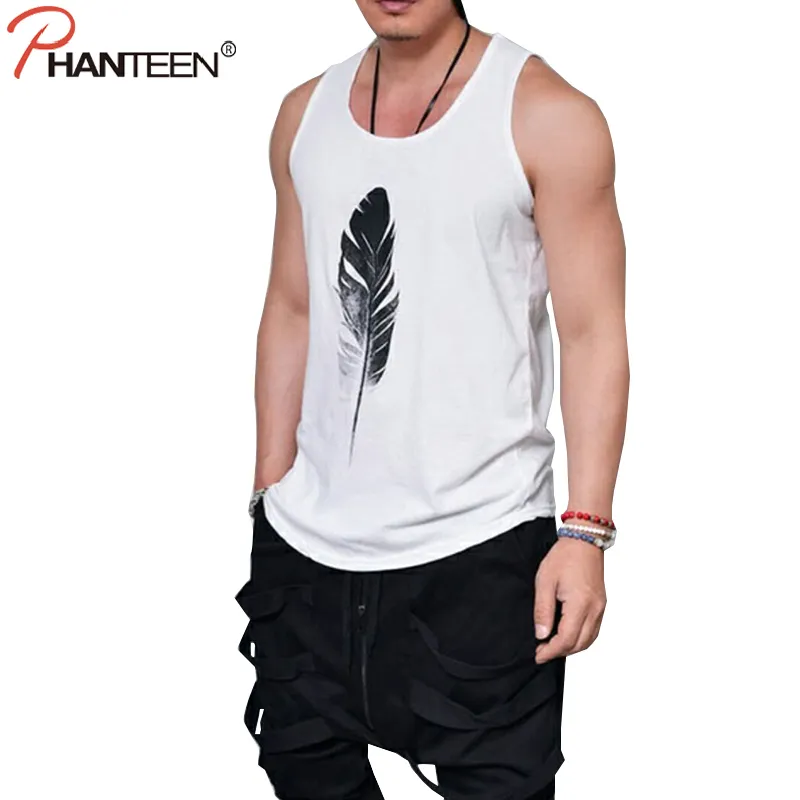 Wholesale- Phanteen Summer Sleeveless Tank Tops Feather Print White Black Loose Tanks Workout Excercise Fashion Vests Men Brand Clothing