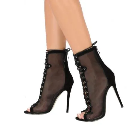 Mulheres Sapatos de Salto Alto Malha Peep Toe Ankle Boots Cinza Senhoras Botas Lace Up Preto Saltos de Verão Sexy See-Through sapatos