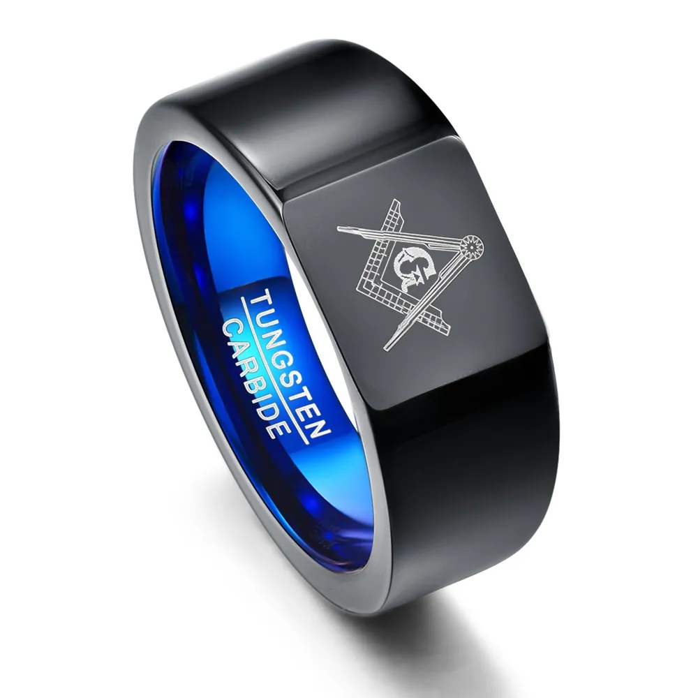 Nuncad Retro Big Head Style Tungsten Carbide Rings Plating Black with Blue Rings Laser Masonic Sign Tungsten Ring T076R