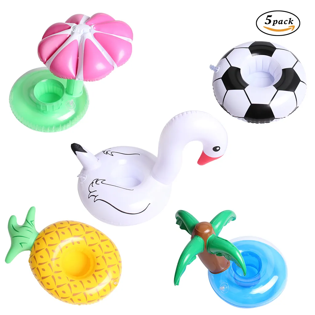 Portavasos inflables 5 uds., flotadores de bebidas, posavasos inflables para fiestas en la piscina, juguetes de baño para niños, cisne, fútbol, piña, palmera, seta