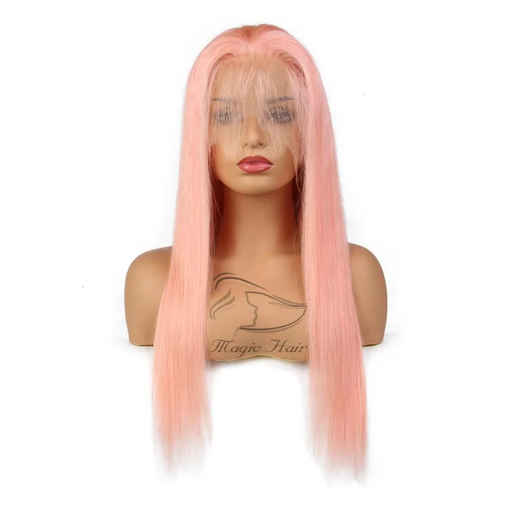 Ren rosa full spets mänsklig hår peruker silkeslen raka brasiliansk jungfru mänskligt hår 150 densitet spets fram peruk med baby hår glatt