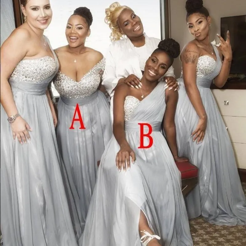 Light Gray Mix Style Bridesmaid Dresses For Wedding Sequined And Chiffon Maid Of Honor Gowns Plus Size African Women Bridesmaid Dress