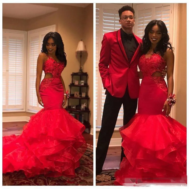 2018 African Black Girls Lace Aplikacja Prom Dresses Red Mermaid Hollow Waist Party Dress Loste For Doln Hem of Suknia Suknia Wieczorowa Vestidos