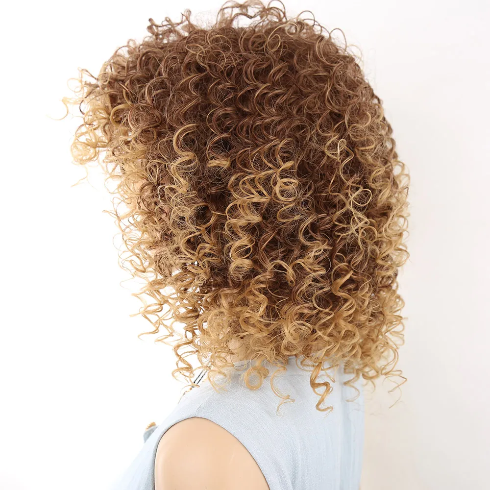 Korte blonde en bruine afro kinky krullend pruik pluizige pruiken voor Amerikaanse vrouwen synthetische haar hoge temperatuur cosplay