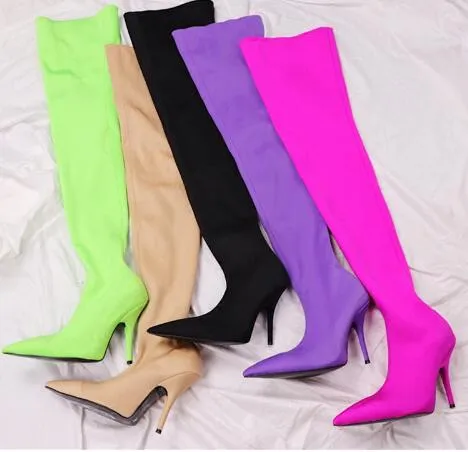 2019 Silk Stretch Purple Over The Knee Boots Women Sexy Pointed Toe High Heel Boots Femme Beige Satin Pink Thigh High Boot Woman