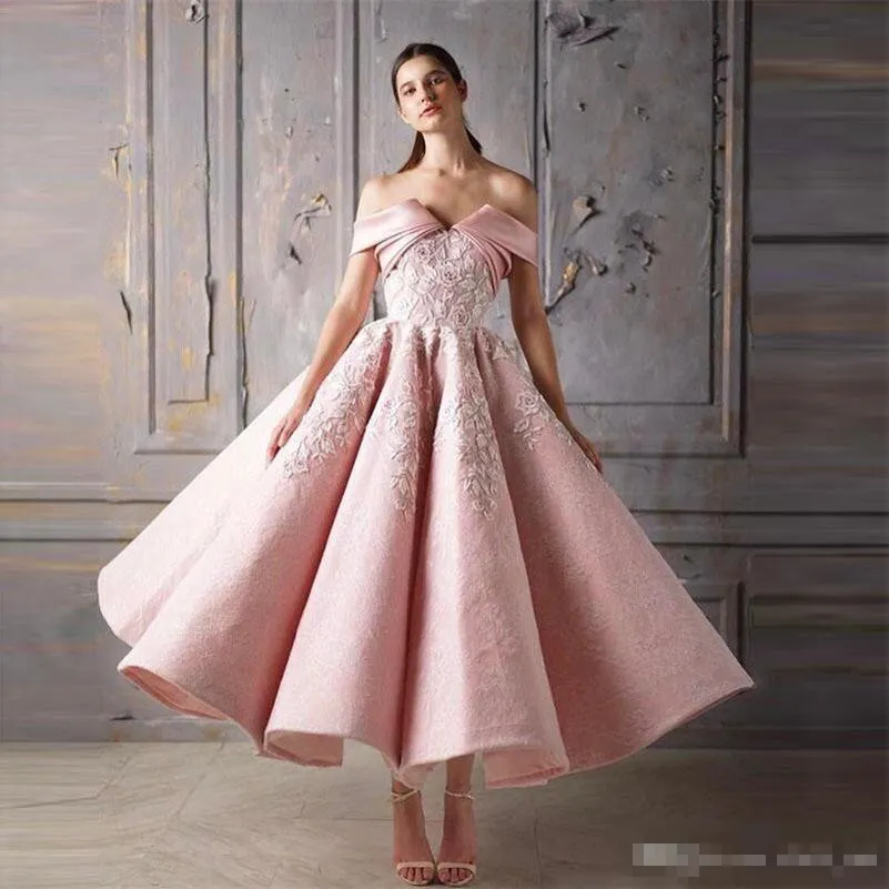 Blush Pink Prom Dresses Ankle Length Off The Shoulder Lace Evening