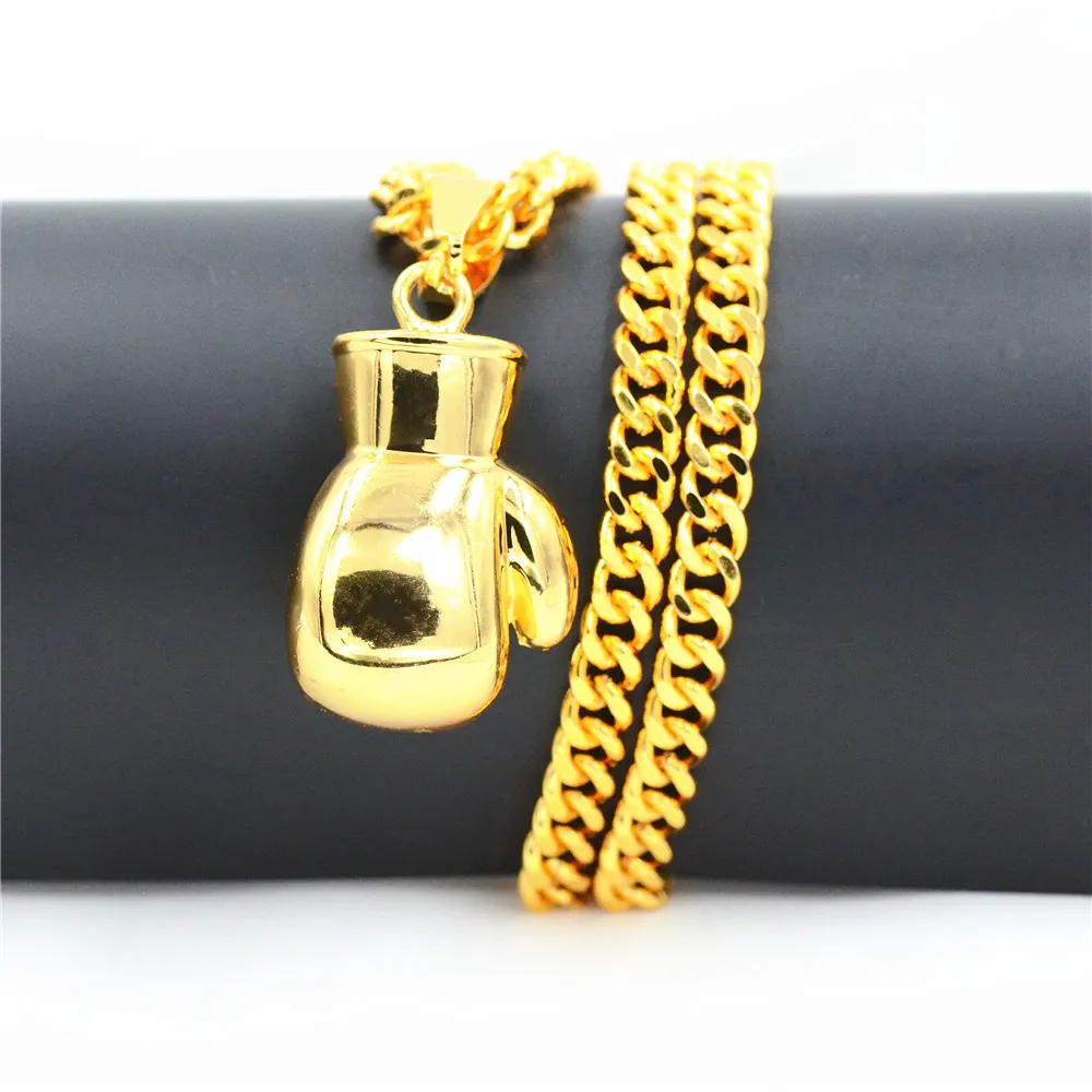 Collier de gants de boxe pour hommes, Style hip hop, en alliage d'or jaune, chaîne de 75cm, bijoux pour hommes