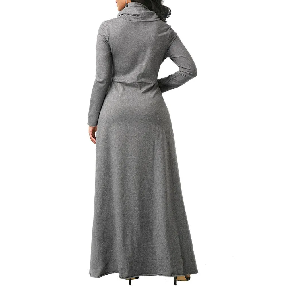 Mulher Casual Capuz Pescoço A Linha De Bolso Longo Maxi Vestido De Senhoras Manga Comprida Vestidos