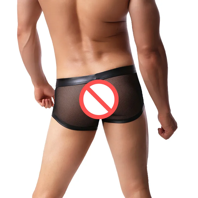 Sexy Mesh Mens Gay Underwear Boxers Homme Nylon Faux Leather Pouch Men Transparent Boxer Shorts Cueca Underpants Man Underwear3426