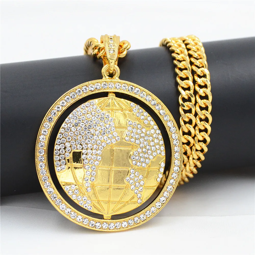 New Style Fashion Men Jewelry Globo girevole Bling strass Fitness ciondolo collana di cristallo oro vintage Hip Hop uomo donna regalo