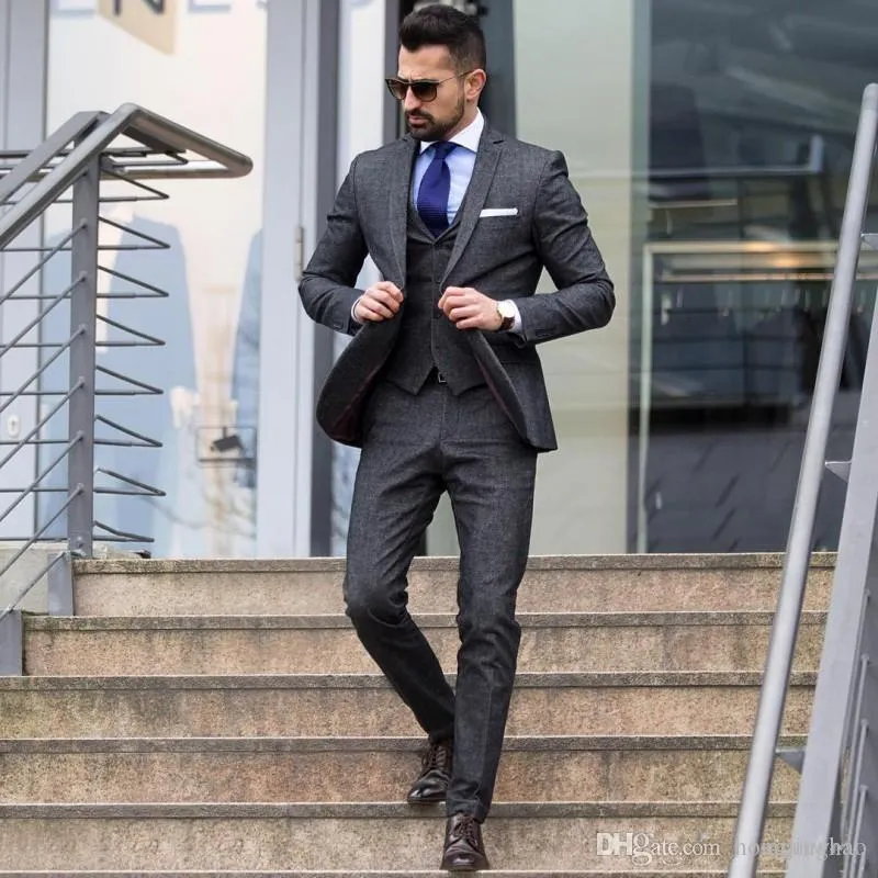 Winter mode donker grijs tweed bruidegom smoking excellent mannen bruiloft smoking mannen formele zakelijke prom feest pak (jas + broek + tie + vest) 1833