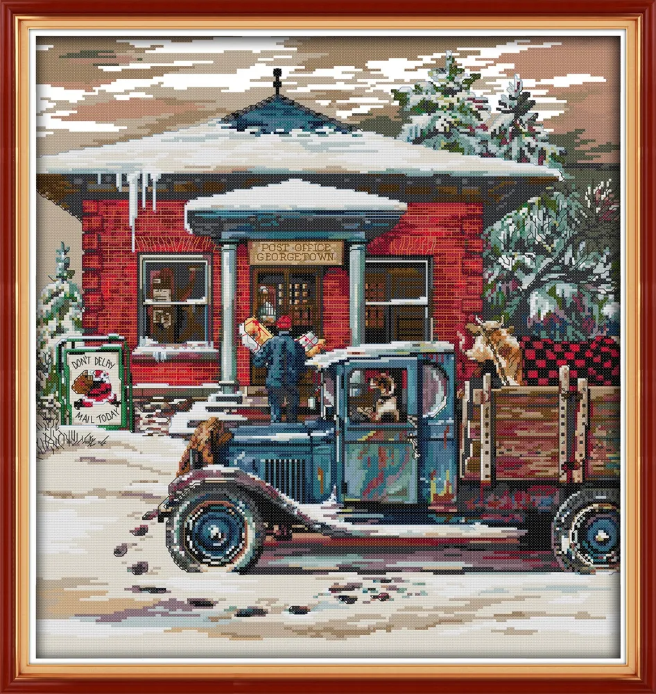 Ufficio postale di Natale pittura dipinti di decorazioni per la casa, ricamo a punto croce fatto a mano Set di cucito contato stampa su tela DMC 14CT / 11CT