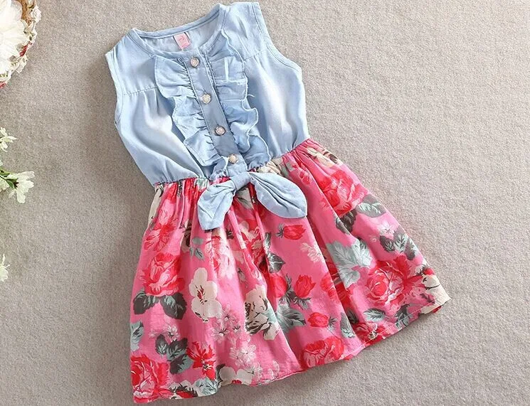 Boutique de algodão roupas de bebê menina de duas cores vestidos de folha de Lótus floral impresso sem mangas Denim patchworkd saia Princesa H065