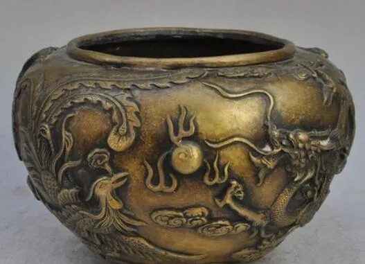 10 "Old China Palace Bronze Phoenix Ptak Dragon Graj Koralik Statua Jar Tanks Crock